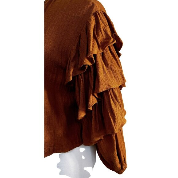 Olivaceous Rust Tired Ruffle Gypsy Sleeve 100% Cotton Gauze Top Blouse Sz S NEW - Picture 3 of 6